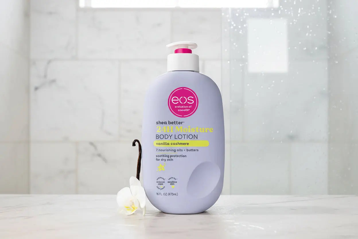 EOS shea butter 24-hour moisture body lotion bottle on a light purple background