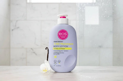 EOS shea butter 24-hour moisture body lotion bottle on a light purple background